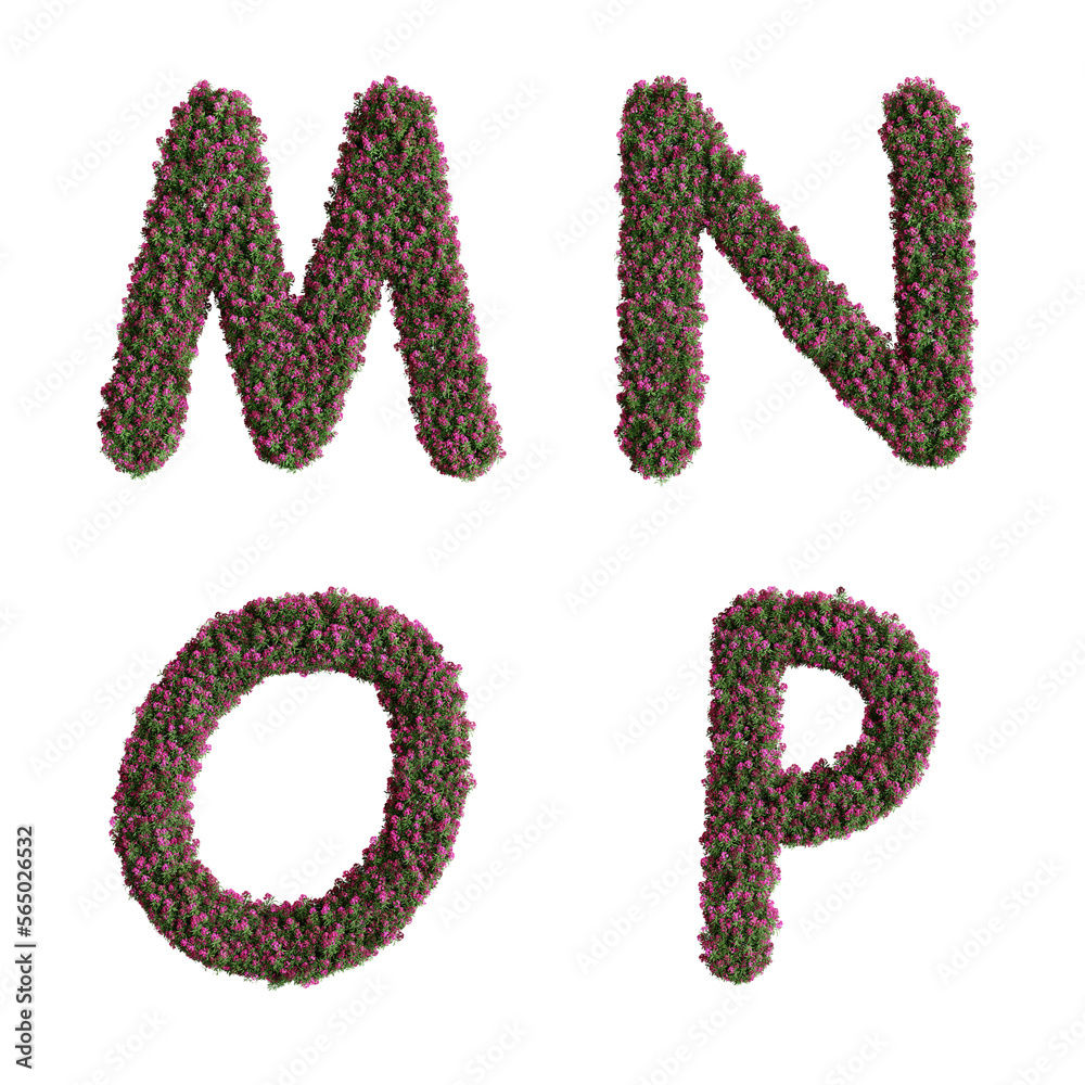 3D letter Nerium oleander flowers alphabet  - letters M-P