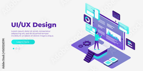 UI/UX design concept. Banner vector isometric illustration, ui concept for your website. Data analysis, management, SEO, online shopping and startup business. Vector illustration EPS 10