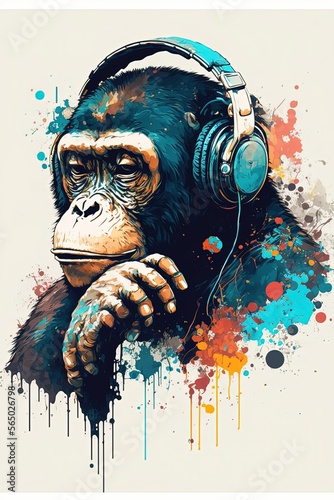 Canvas Print Grunge monkey portrait illustration with headphones,