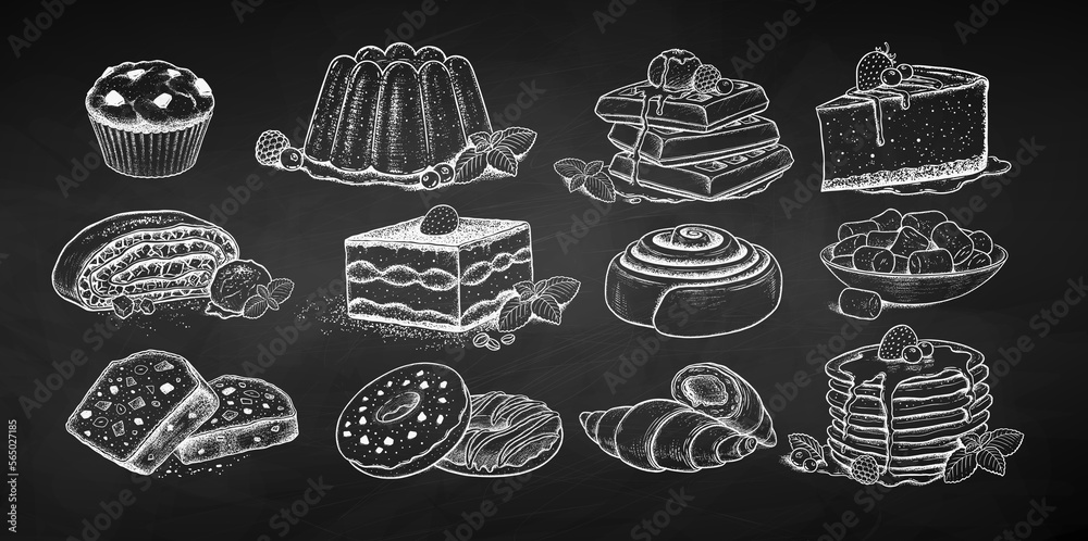 Vector chalk drawn sketchy illustrations set of desserts and sweet food. Vintage style drawing isolated on chalkboard background.