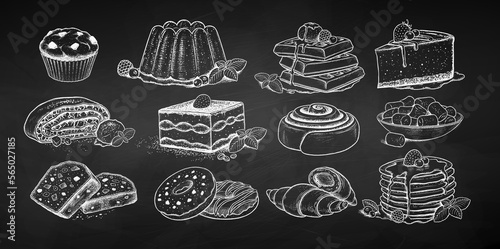 Vector chalk drawn sketchy illustrations set of desserts and sweet food. Vintage style drawing isolated on chalkboard background.
