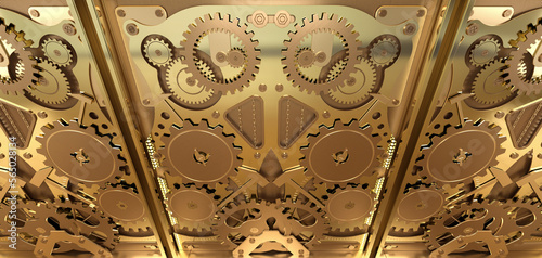 Abstract gold mechanical background, 3d rendering
