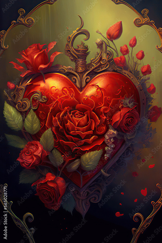 Beautiful red fantasy heart with red roses and green leaves, green background, love, valentine, painting, vertical, Generative AI