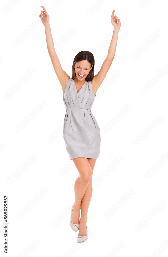 Full-length studio portrait of a beautiful young woman posing in a gray dress raising her hands isolated on a PNG background.