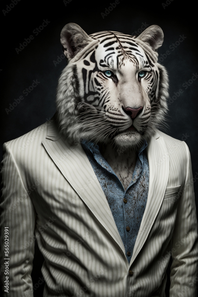 Fierce white tiger in an elegant abstract suit