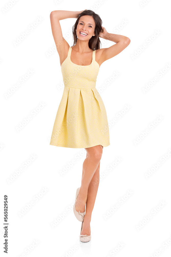 Full length shot of a beautiful young woman posing in a yellow dress holding her hair with both her hands isolated on a PNG background. Full length shot of a beautiful young woman posing in a yellow dress holding her hair with both her hands isolated on a PNG background.