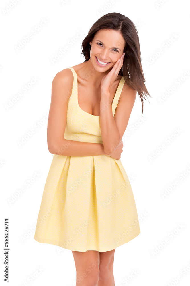 Portrait of a beautiful young woman posing in a yellow dress and laughing looking at the camera isolated on a PNG background.