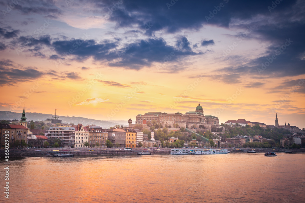 Above Budapest and Danube river cityscape at evening , Hungary