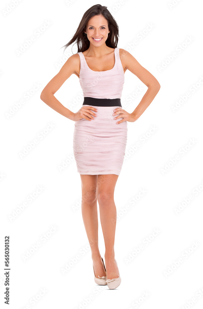 Full-length portrait of an attractive young woman posing in a pink dress with both hands on the hips isolated on a PNG background. Full-length portrait of an attractive young woman posing in a pink dress with both hands on the hips isolated on a PNG background.