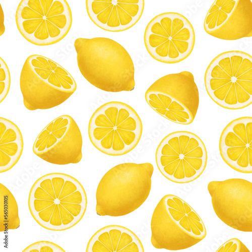 Citrus fruit seamless pattern. Colorful vivid print with juicy lemon slices. Repeated luxury design for packaging, cosmetic, menu, cafe, textile. Realistic detailed illustration.