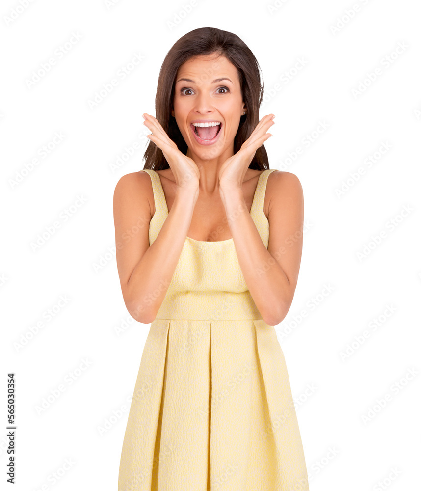 Portrait of a surprised beautiful young woman posing in a yellow dress isolated on a PNG background. Portrait of a surprised beautiful young woman posing in a yellow dress isolated on a PNG background.