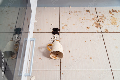 Broken tea cup laying on the kitchen floor, smashed coffee mug and coffee grounds all over the tiles.