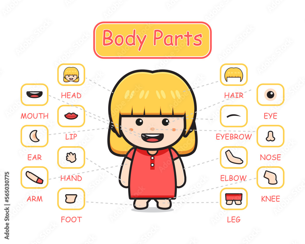 Happy cute kid girl body part anatomy cartoon icon clipart illustration ...