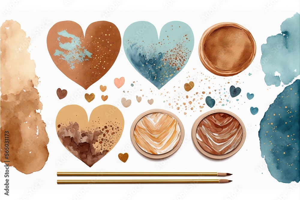 a set of watercolor hearts and brushes on a white background with gold and blue paint strokes and a brush to the left of the heart. generative ai a set of watercolor hearts and brushes on a white background with gold and blue paint strokes and a brush to the left of the heart. generative ai