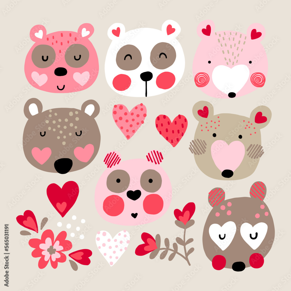 Illustration of different faces of teddy bears in love, with flowers and hearts, in pink and beige tones, Valentine's illustration. Vector drawing