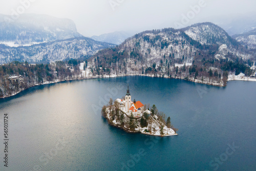 Aerial view of winter Bled lake, natural landscape of Slovenia