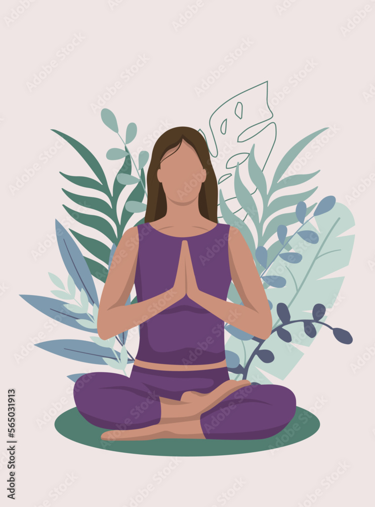 Mindfulness, meditation and yoga background in pastel vintage colors with women sit with crossed legs and meditate. Vector illustration