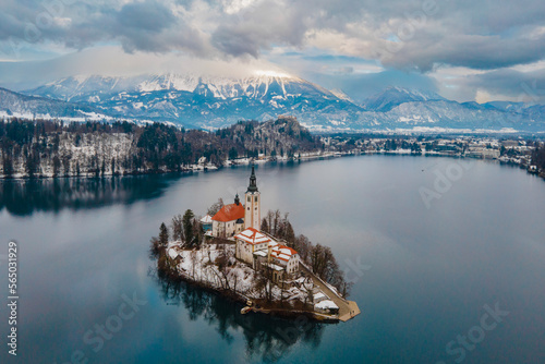 Aerial view of winter Bled lake, natural landscape of Slovenia © Elena