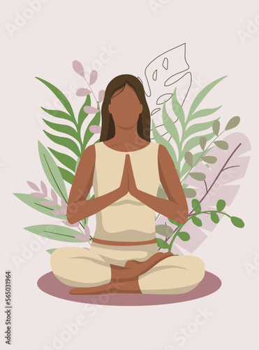Mindfulness, meditation and yoga background in pastel vintage colors with women sit with crossed legs and meditate. Vector illustration