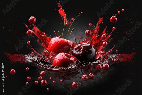  a group of cherries splashing into a black background with water droplets and drops of blood on the surface of the image, and the fruit is in the center of the image.  generative ai © Anna