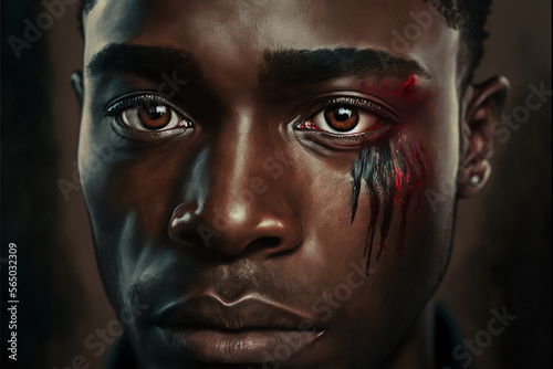 Eyes of a black ethnic man with a blood tear, stop racism concept. Ai generated art