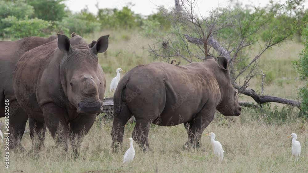 A flock of egrets is following three white de-horned rhinos as they walk past eating grass. In the background is the scenic African bush. A flock of egrets is following three white de-horned rhinos as they walk past eating grass. In the background is the scenic African bush.