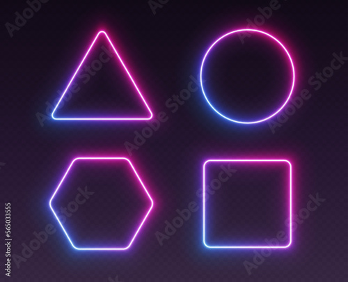 Neon gradient frames, glowing borders set, colorful futuristic UI design elements. Vibrant geometric shapes, modern signs collection. Bright circle, square, triangle and hexagon. Vector illustration.