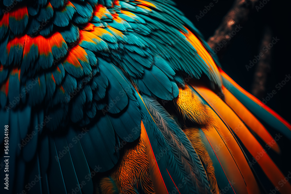 Obraz premium A mesmerizing close-up of the textured wing of a parrot