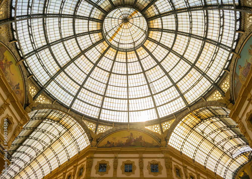 Gallery Vittorio Emanuele ll in a Sunny Day in Milan, Lombrady, Italy.