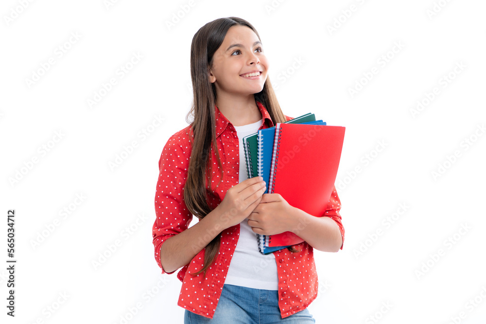 Back to school. Teenager schoolgirl with book ready to learn. School girl children on isolated white studio background. Portrait of happy smiling teenage child girl. Back to school. Teenager schoolgirl with book ready to learn. School girl children on isolated white studio background. Portrait of happy smiling teenage child girl.