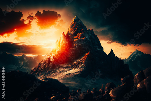 A photo of a panoramic view of majestic mountain peaks bathed in the warm light