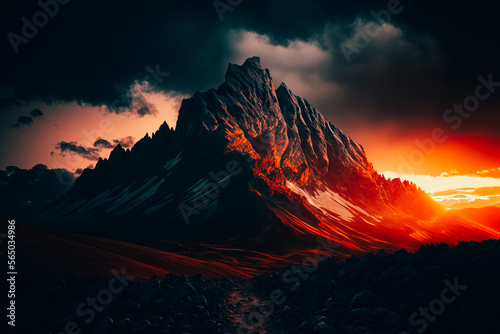 A photo of a panoramic view of majestic mountain peaks bathed in the warm light