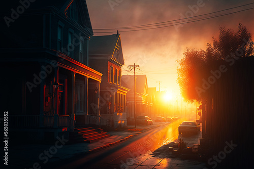A picturesque scene of a small town during the early morning