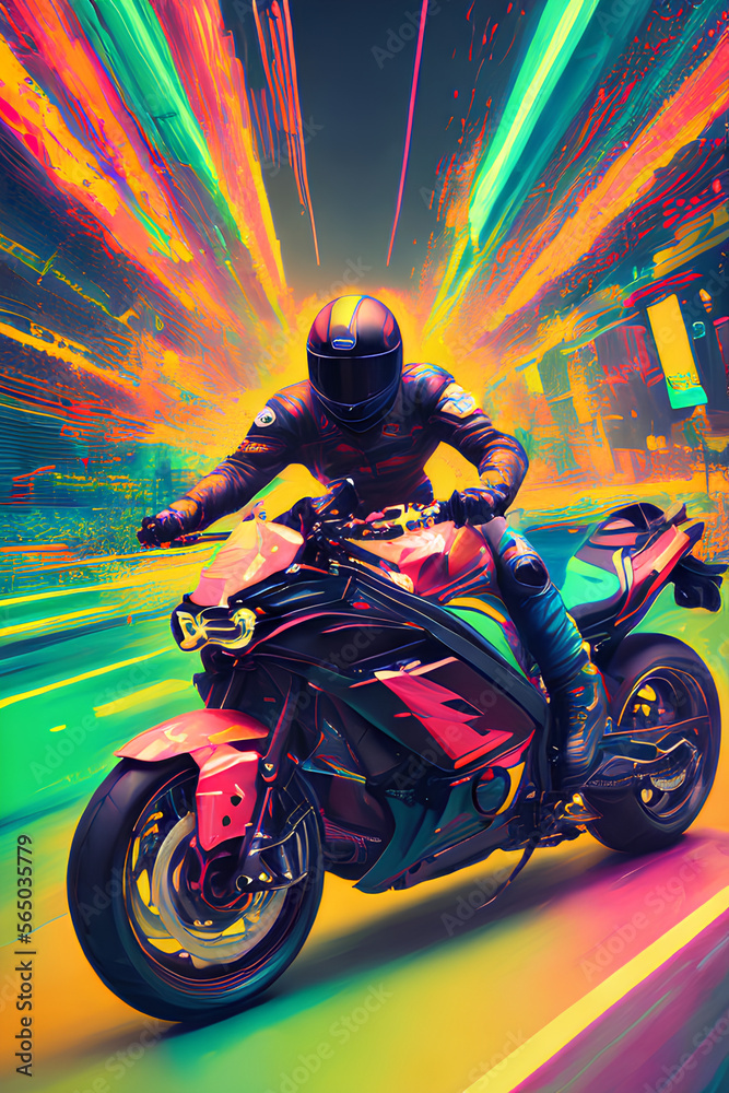 Focus on a Man Riding a Phenomenal Motorcycle on top-of a Neon Colored Highway, Thrilling Ride ahead! Generative AI