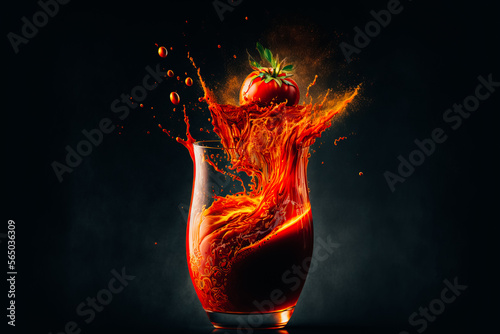 An advertisement photo of a glass of fresh tomato juice