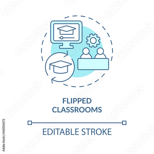 Flipped classrooms turquoise concept icon. E learning. Educational application of ICT abstract idea thin line illustration. Isolated outline drawing. Editable stroke. Arial, Myriad Pro-Bold fonts used