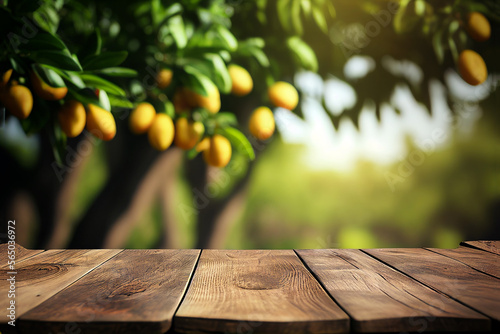 Mango tree and wooden table created with generative Ai technology photo