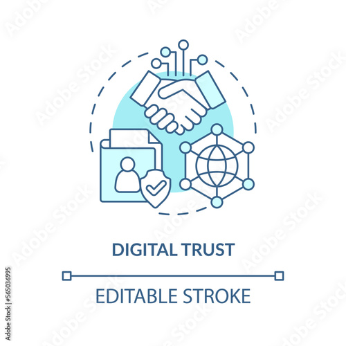 Digital trust turquoise concept icon. Data security. Information technology trend abstract idea thin line illustration. Isolated outline drawing. Editable stroke. Arial, Myriad Pro-Bold fonts used