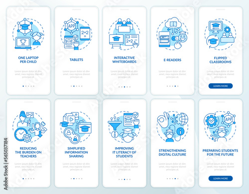ICT in education industry blue onboarding mobile app screens set. Walkthrough 5 steps editable graphic instructions with linear concepts. UI, UX, GUI template. Myriad Pro-Bold, Regular fonts used