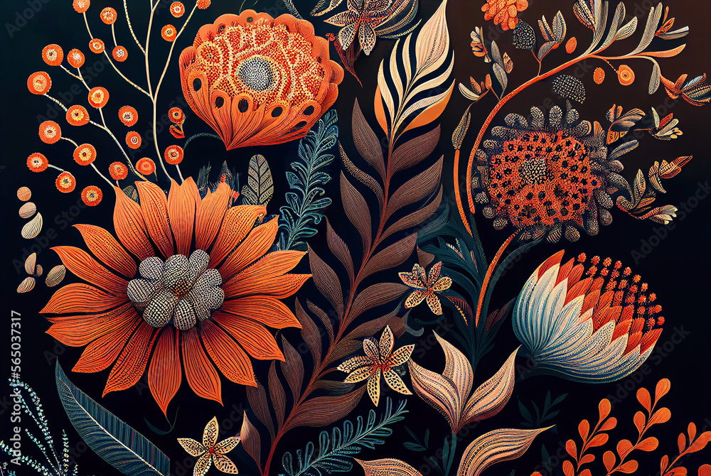 Red orange brown abstract African flowers blossom background pattern on black AI Generated