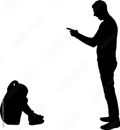 Little girl is crying and her dad yelling at her. Vector Silhouette.
