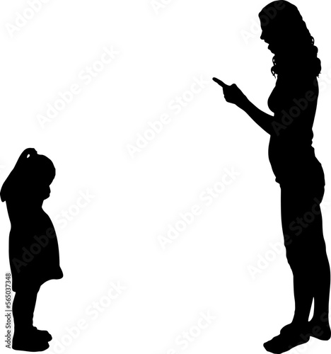 A little girl is standing crying and mom is yelling at her. Vector Silhouette