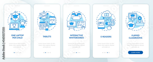 ICT educational applications blue onboarding mobile app screen. Data walkthrough 5 steps editable graphic instructions with linear concepts. UI, UX, GUI template. Myriad Pro-Bold, Regular fonts used