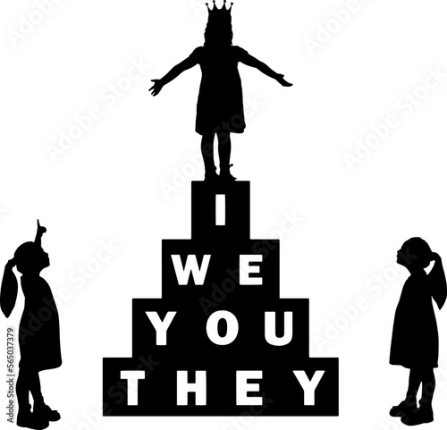 Two little girls look and point a finger at another girl with a crown on her head. Vector Silhouette