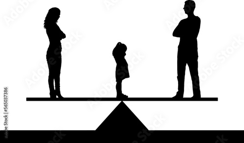 Silhouette, Vector A little sad girl crying standing between mom and dad, choosing who to stay with. Concept of divorce and division of children