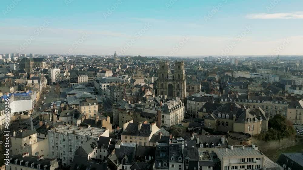 Aerial forward toward Saint Pierre cathedral catholic church, Rennes in France. Sky for copy space Aerial forward toward Saint Pierre cathedral catholic church, Rennes in France. Sky for copy space