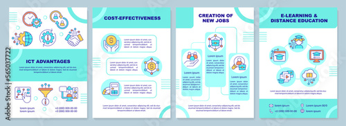 ICT advantages mint green brochure template. Leaflet design with linear icons. Editable 4 vector layouts for presentation, annual reports. Arial-Black, Myriad Pro-Regular fonts used