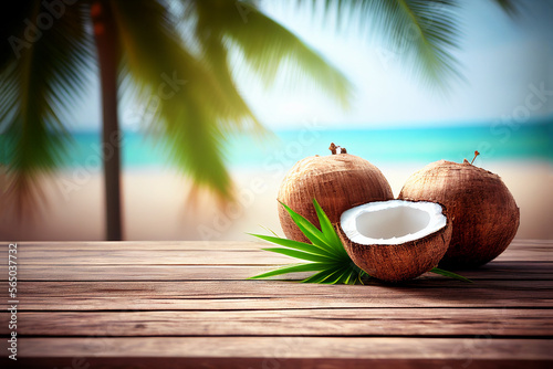 Coconuts on wooden table created with generative Ai technology
