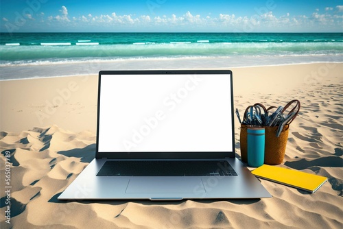Modern laptop mockup on the sand , beach background ,AI generated 