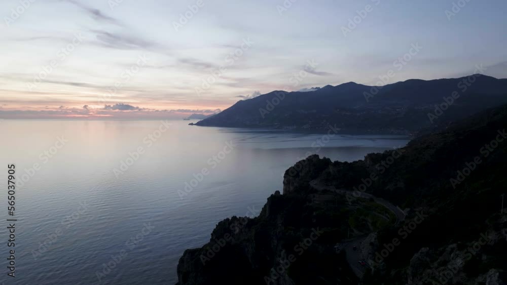 Amalfi, Italy Coastline Aerial pull back and sunset Amalfi, Italy Coastline Aerial pull back and sunset